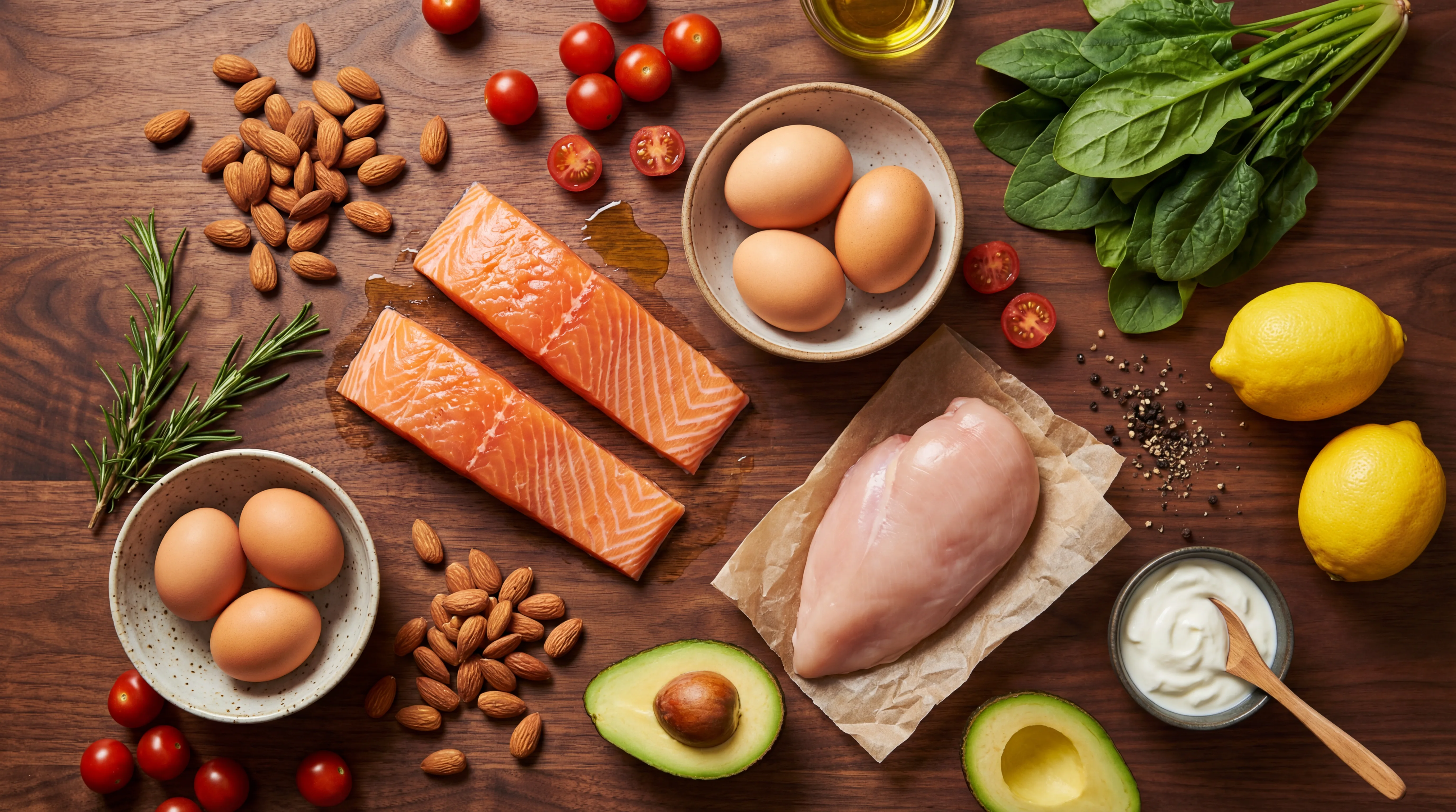 Fresh breakfast ingredients on a wooden board