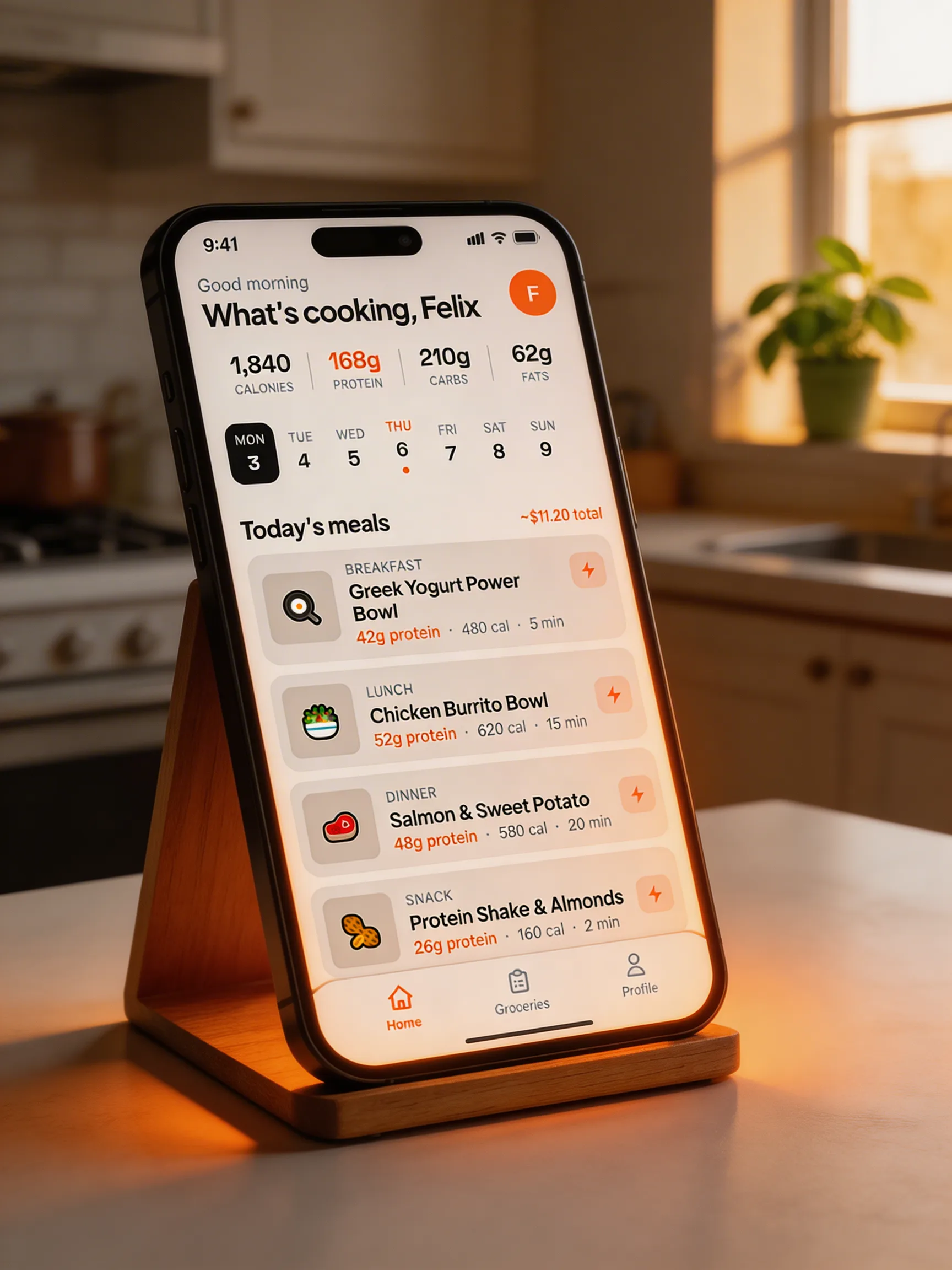AI-generated weekly meal plan in golden-hour kitchen